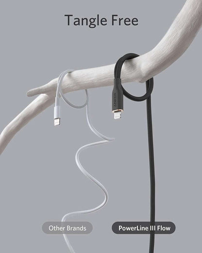 White USB-C to Lightning cable with Lightning and USB-C connectors, untangled.
