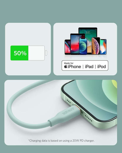 Mint green USB-C to Lightning cable with connectors beside a smartphone