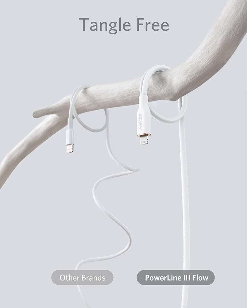 White USB-C to Lightning cable with Lightning and USB-C connectors, separated ends.