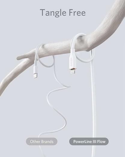 White USB-C to Lightning cable with Lightning and USB-C connectors, separated ends.