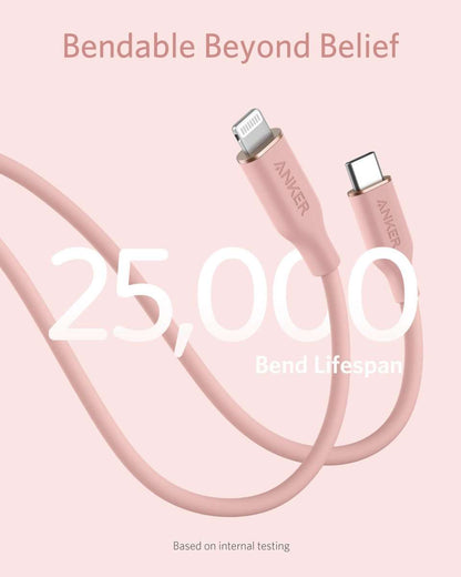 Anker USB-C to Lightning cable, pink silicone with USB-C to Lightning connectors