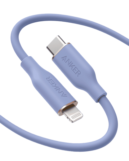 Lavender USB-C to Lightning cable with USB-C and Lightning connectors close-up