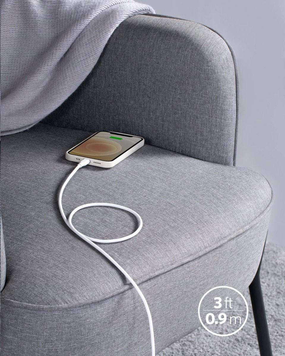 USB-C to Lightning cable with white 3 ft cord and molded connectors