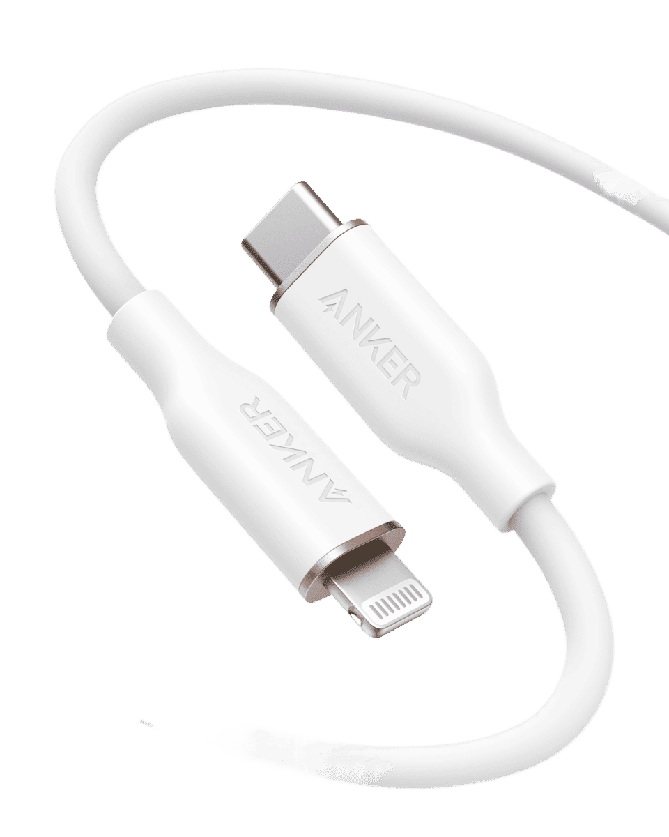 Anker USB-C to Lightning cable, white silicone jacket, USB-C and Lightning connectors