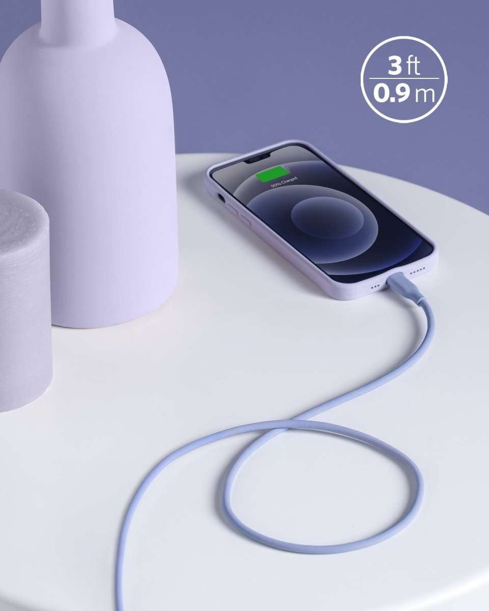 USB-C to Lightning cable in blue, connected to a smartphone with one cable loop