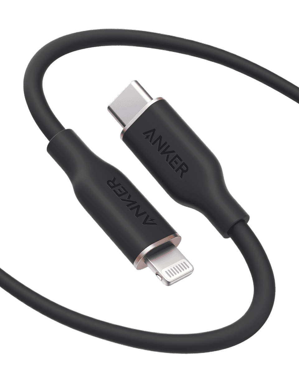 Anker USB-C to Lightning cable, black silicone jacket, USB-C and Lightning connectors