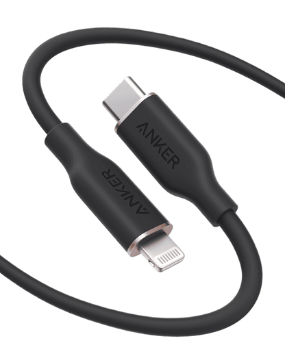Anker USB-C to Lightning cable, black silicone jacket, USB-C and Lightning connectors