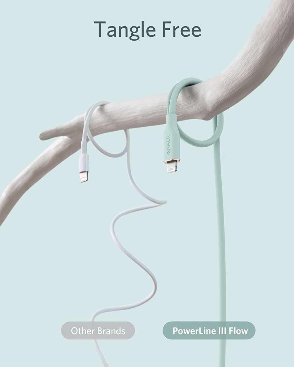 Anker USB-C to Lightning cable with mint blue silicone, dual connectors visible