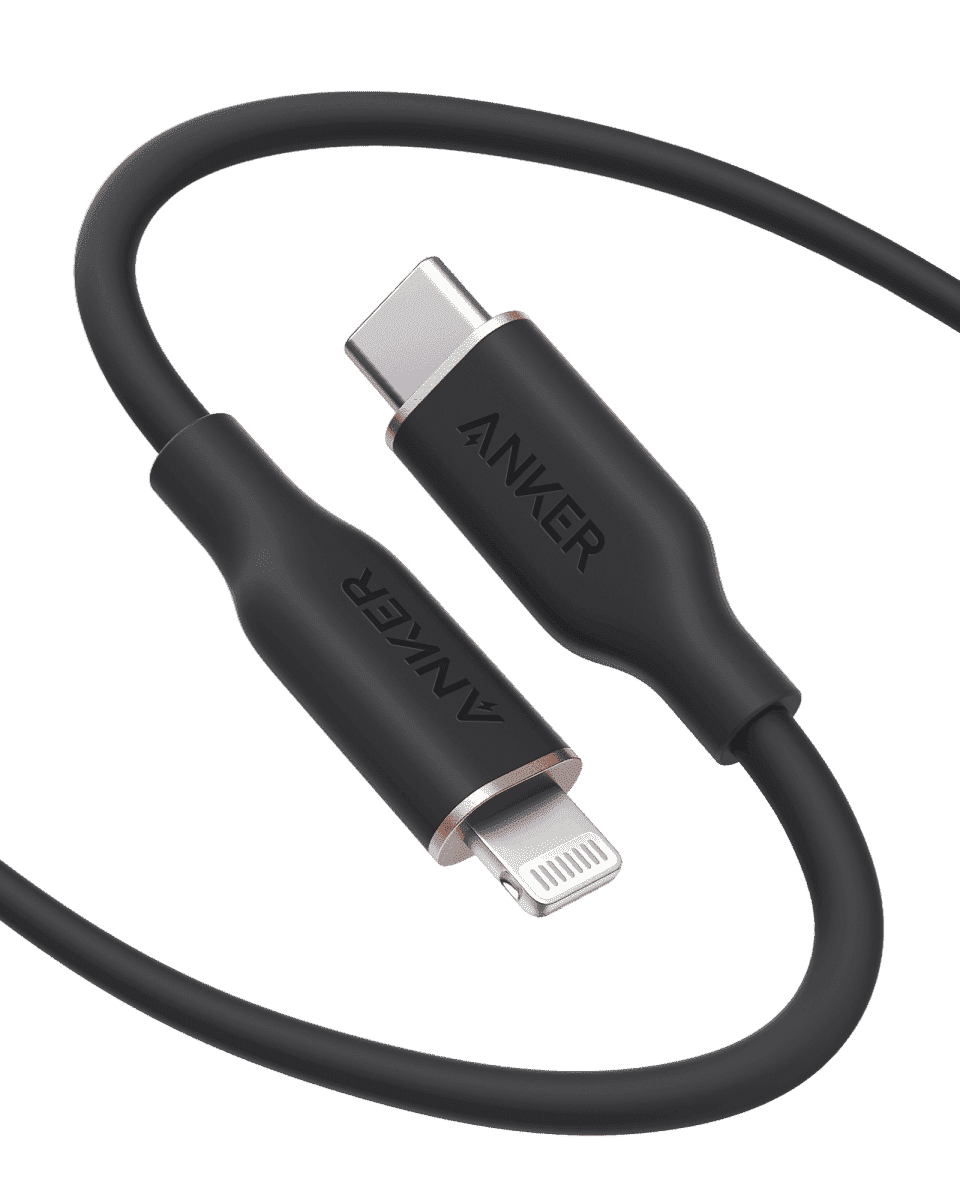 USB-C to Lightning cable with black silicone jacket and USB-C and Lightning connectors
