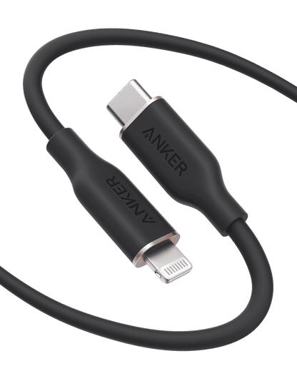 USB-C to Lightning cable with black silicone jacket and USB-C and Lightning connectors