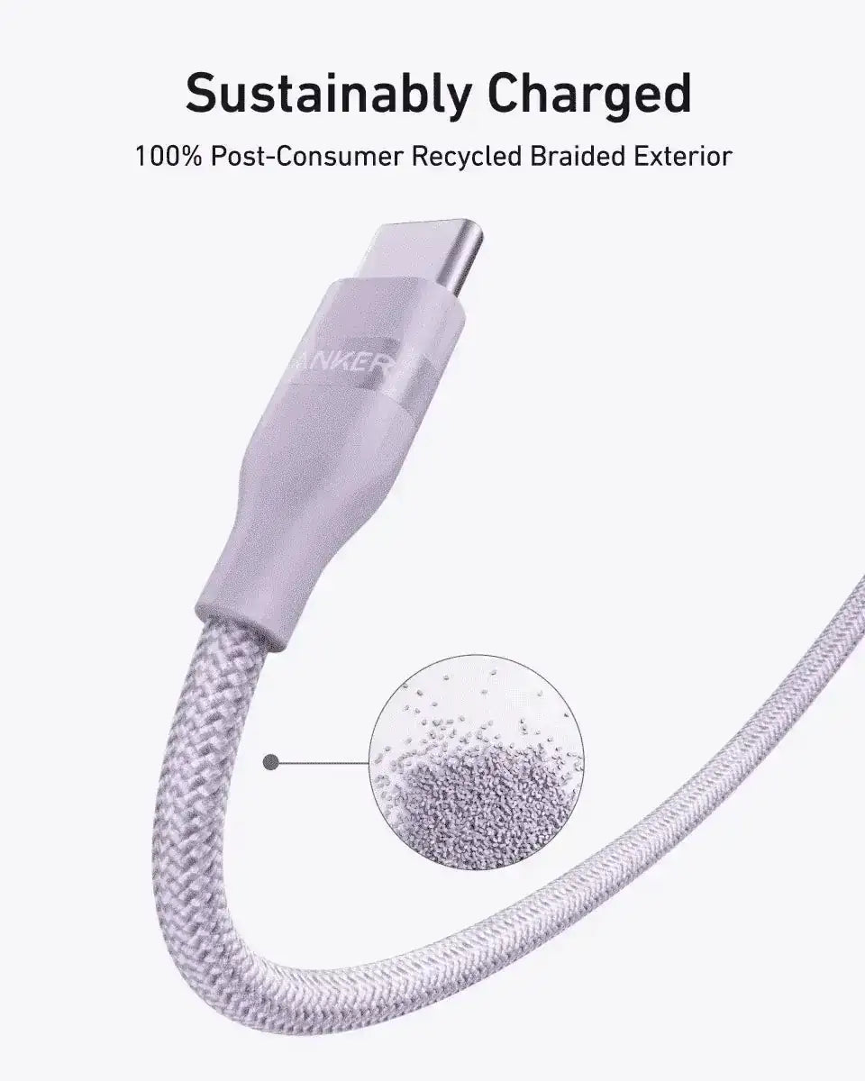 Anker USB-C to USB-C Cable (3 ft / 6 ft, 240W, Upcycled-Braided) Anker 3 ft / Black Stone 3 ft / Shell White 6 ft / Black Stone 3 ft / Black Stone-3 ft / Shell White-6 ft / Black Stone-6 ft / Shell White-6 ft / Ice Lake Blue-6 ft / Sprout Green-6 ft / Lilac Purple-10 ft / Black Stone-