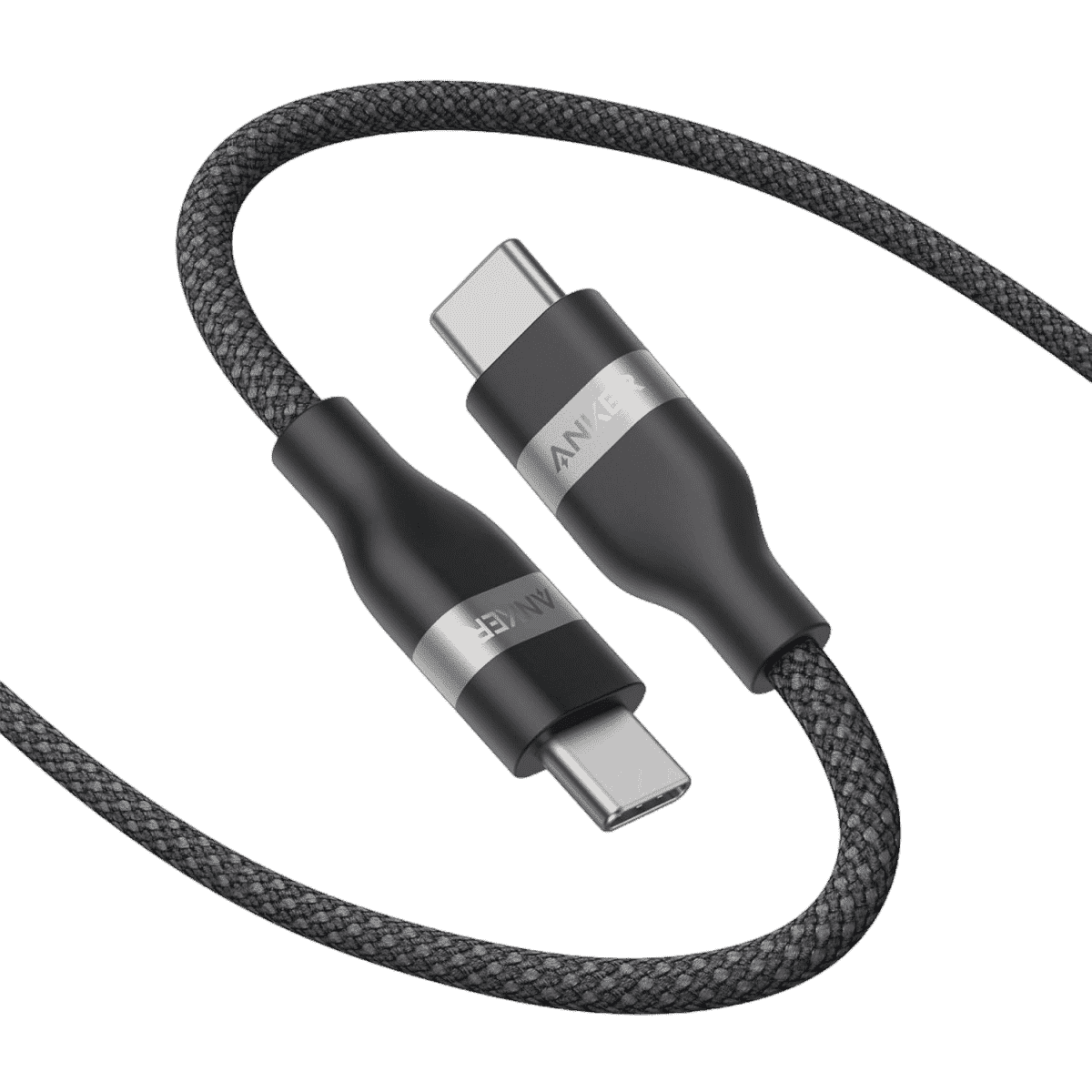 USB-C to USB-C cable with dark braided jacket and two USB-C connector ends