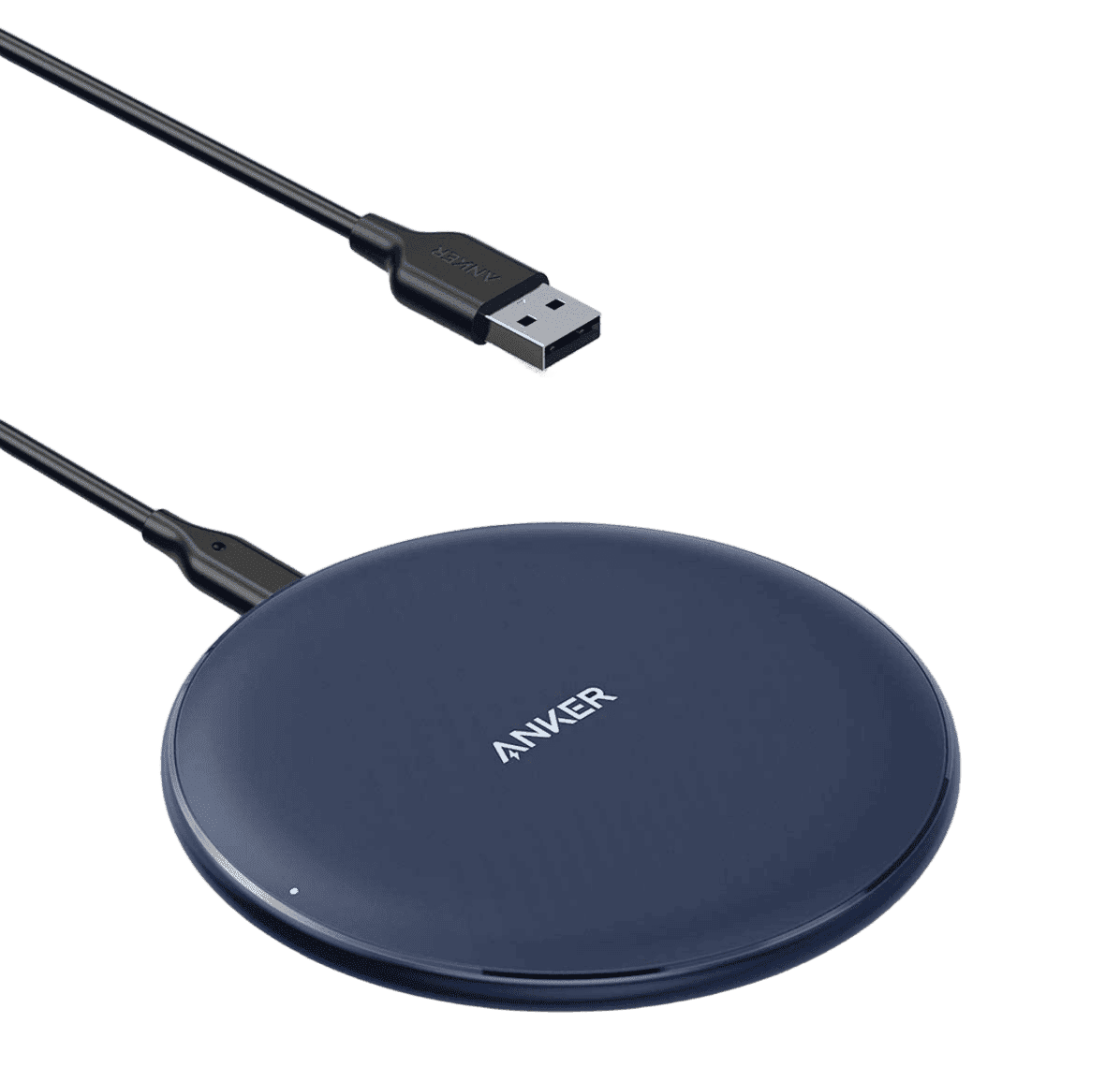 Anker wireless charging pad with USB cable, navy blue round base and indicator light