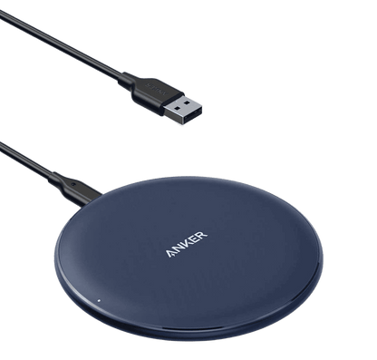 Anker wireless charging pad with USB cable, navy blue round base and indicator light