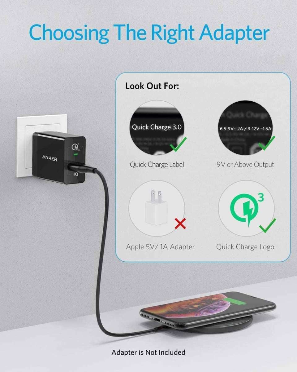 Wireless charging pad connected to a cable, shown next to an adapter infographic