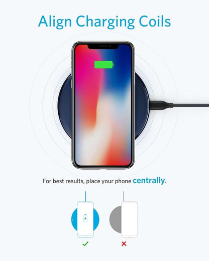 Wireless charging pad with phone centered on top and charging coil indicator