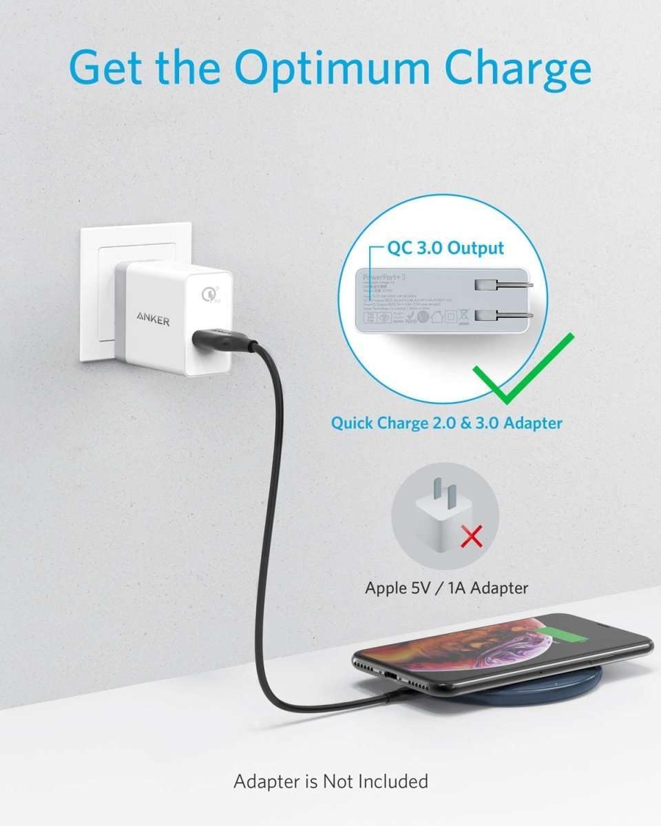 Wireless charging pad with a phone on top, shown with power adapter guidance