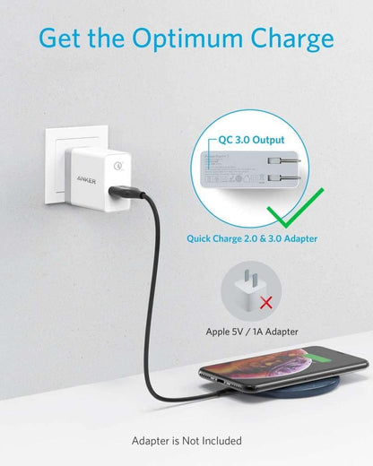 Wireless charging pad with a phone on top, shown with power adapter guidance