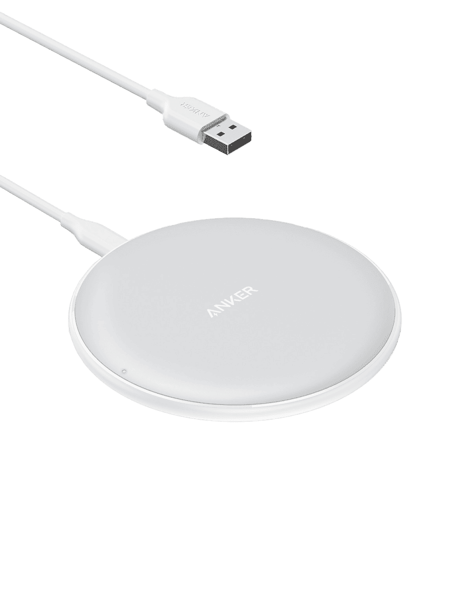 Wireless charging pad with USB cable connected to a white charging surface