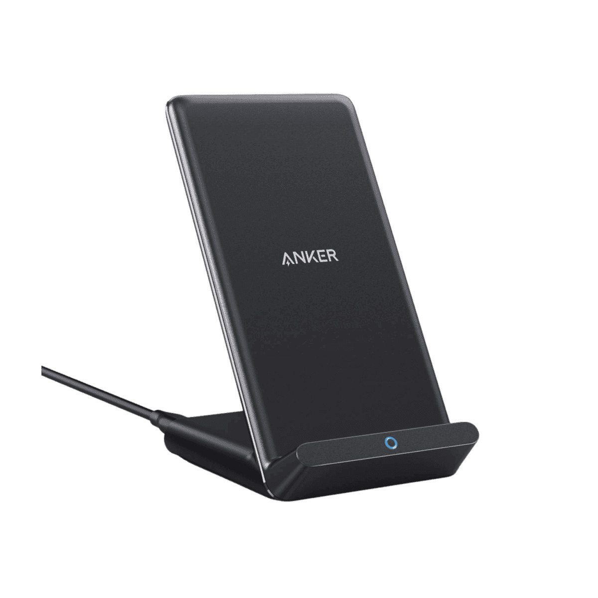 Black wireless charging stand with angled base and logo on the front.