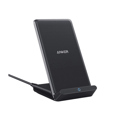Black wireless charging stand with angled base and logo on the front.