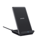 Black wireless charging stand with angled base and logo on the front.