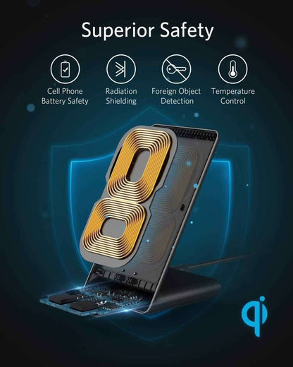 Black wireless charging stand with illuminated charging coil graphic on the pad.