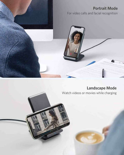 Black wireless charging stand holding a phone upright for portrait and landscape viewing.