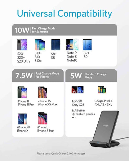 Black wireless charging stand with an angled dock for charging compatible phones.