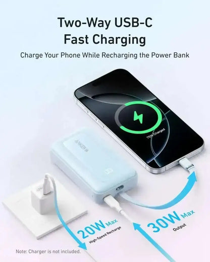Anker Zolo Power Bank (10K, 30W) with a 5.4-inch (13.7 cm) built-in USB-C cable. Anker Black White Misty Blue Black-White-Misty Blue-Coral Pink-