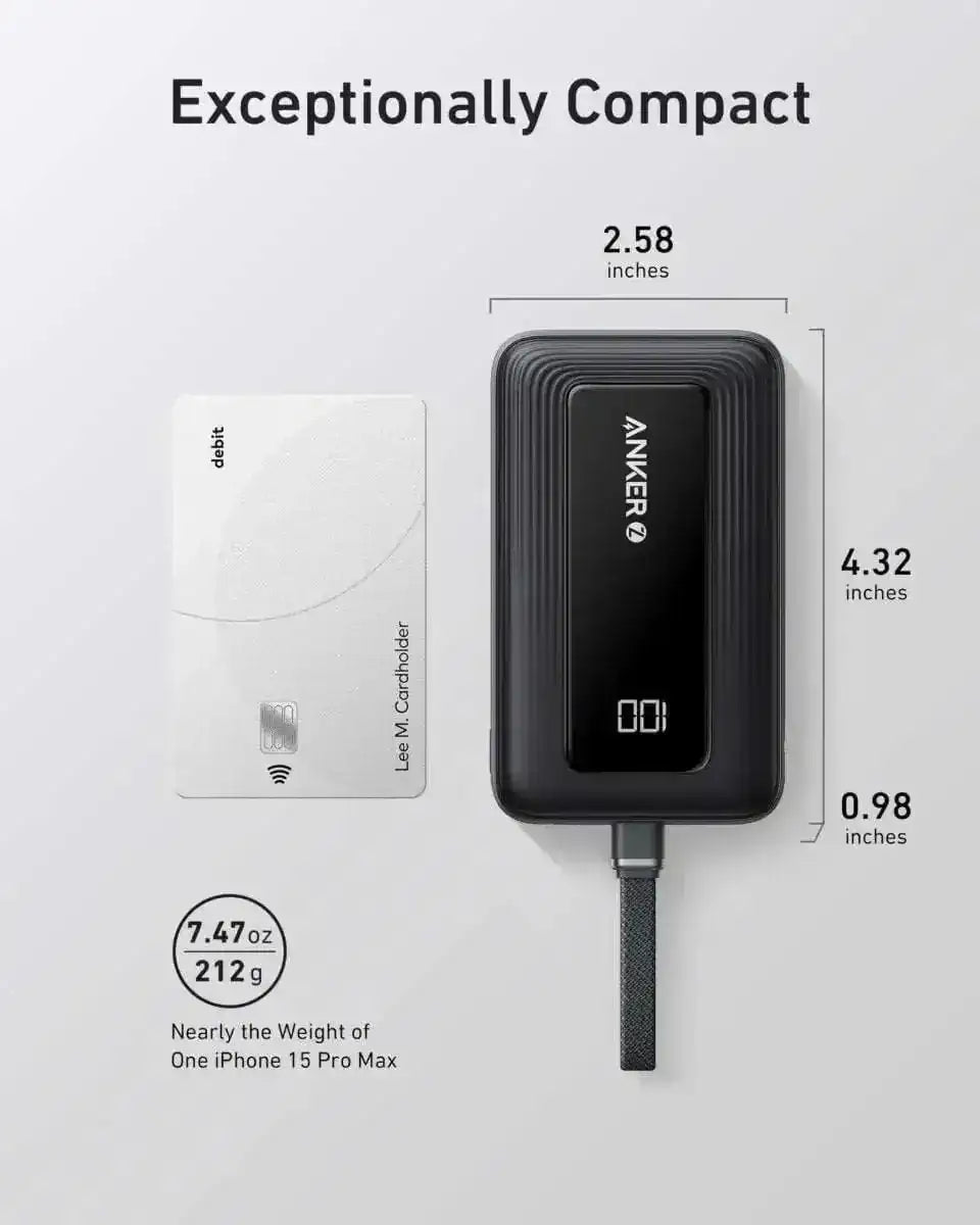 Anker Zolo Power Bank (10K, 30W) with a 5.4-inch (13.7 cm) built-in USB-C cable. Anker Black White Misty Blue Black-White-Misty Blue-Coral Pink-