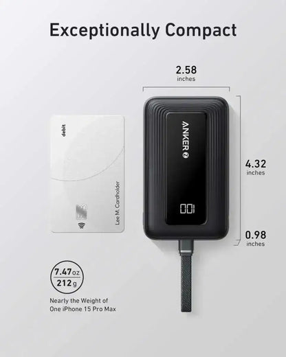 Anker Zolo Power Bank (10K, 30W) with a 5.4-inch (13.7 cm) built-in USB-C cable. Anker Black White Misty Blue Black-White-Misty Blue-Coral Pink-
