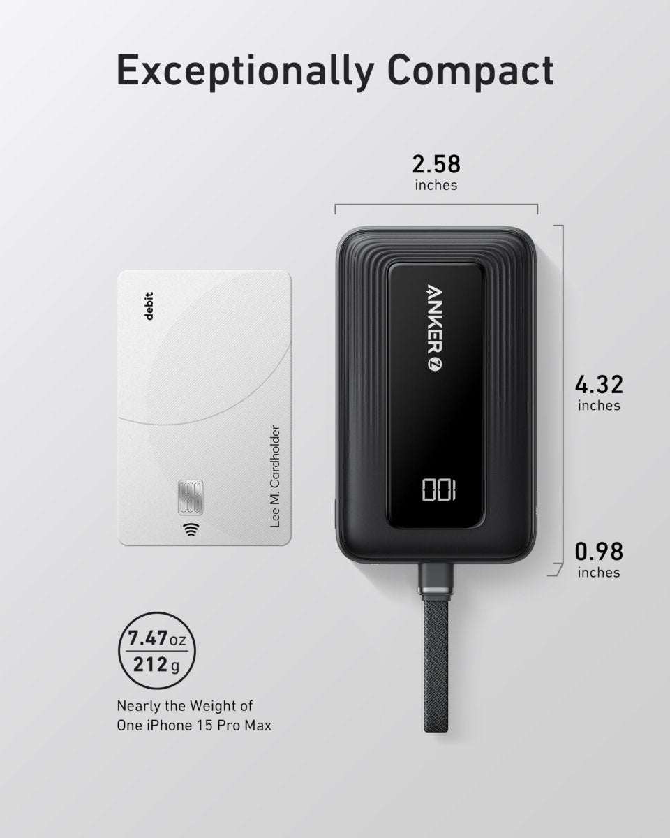 Black power bank with built-in USB-C cable, compact rectangular design