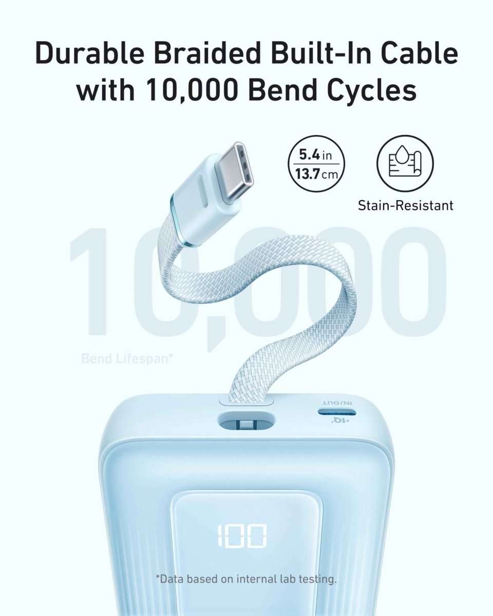 Light blue power bank with durable braided built-in USB-C cable