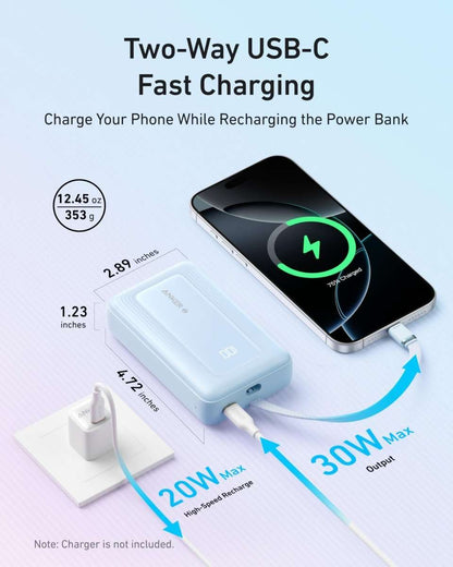 Light blue power bank with built-in USB-C cable, 30W max output, two-way charging