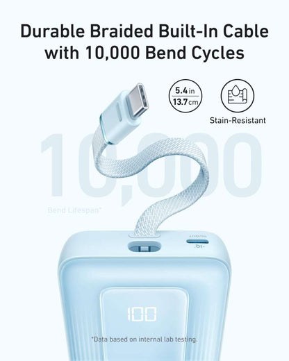 Light blue power bank with braided built-in USB-C cable and strain relief
