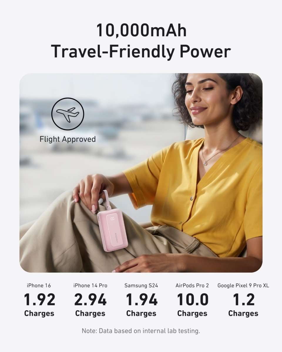 Pink power bank in hand with compact rectangular design