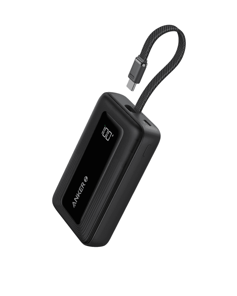 Black Anker Zolo power bank with built-in USB-C charging cable