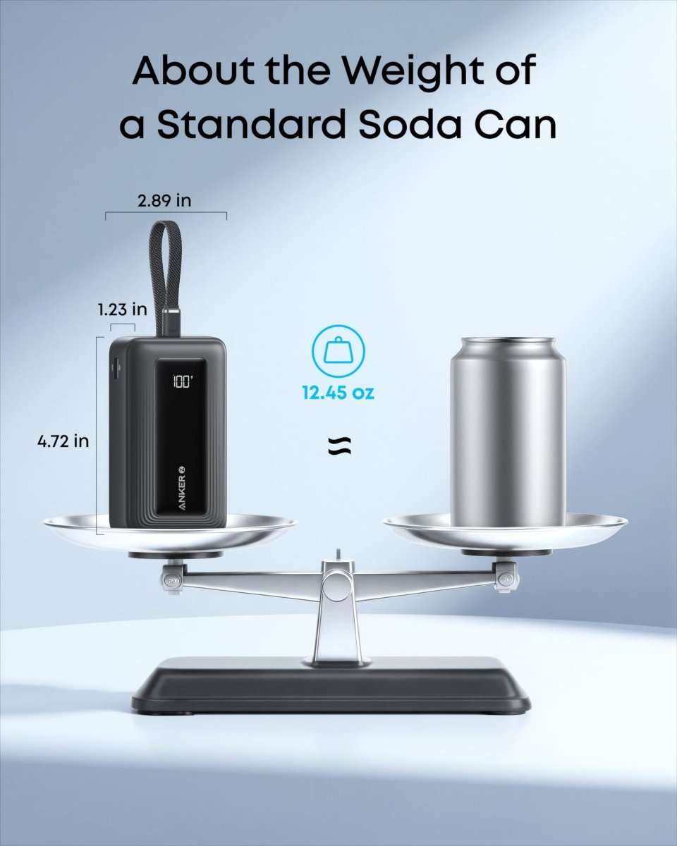 Black power bank with built-in USB-C cable, compact lightweight design