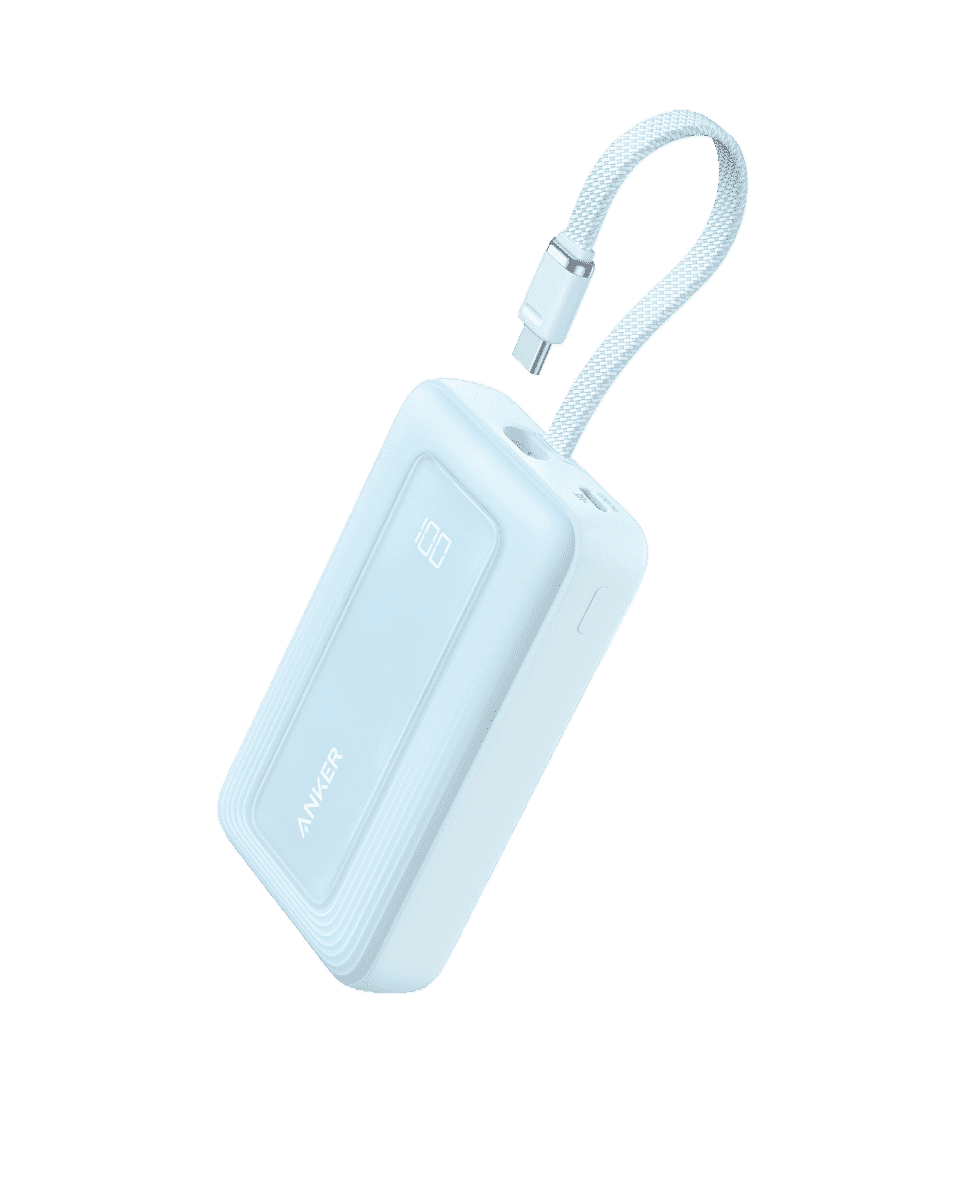 Light blue power bank with built-in USB-C cable and USB port
