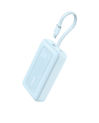 Light blue power bank with built-in USB-C cable and USB port