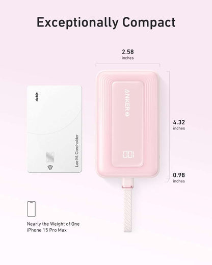 Compact pink portable power bank with built-in USB-C cable