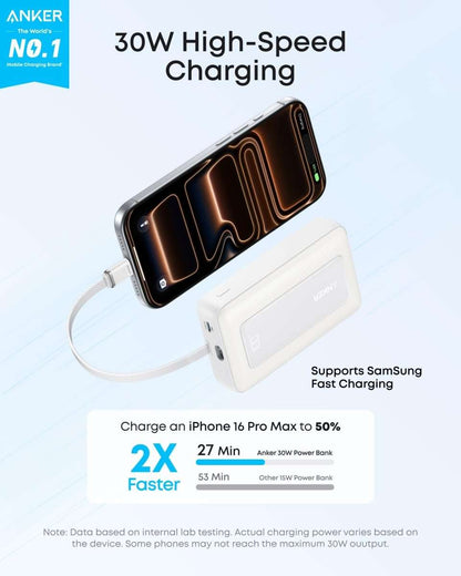 White power bank with USB-C cable connected to smartphone