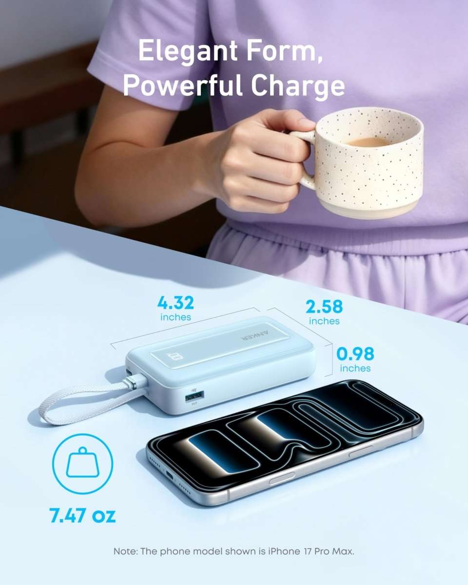 Light blue portable power bank with built-in USB-C cable charging a smartphone
