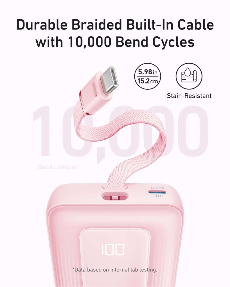 Pink power bank with durable braided built-in USB-C cable, compact case
