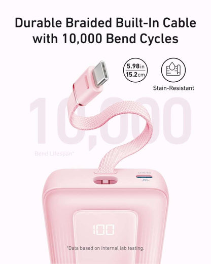 Pink power bank with durable braided built-in USB-C cable, compact case