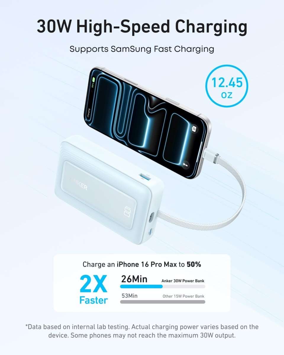 Light blue power bank with built-in USB-C cable, 30W high-speed charging