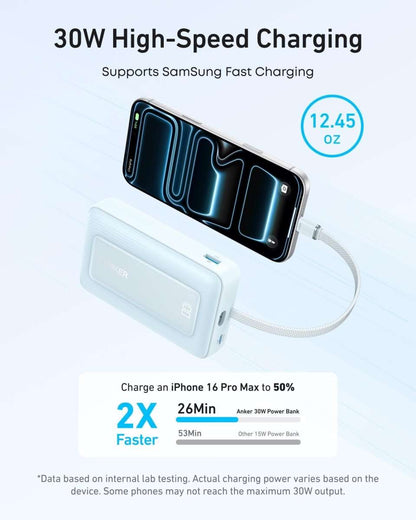Light blue power bank with built-in USB-C cable, 30W high-speed charging