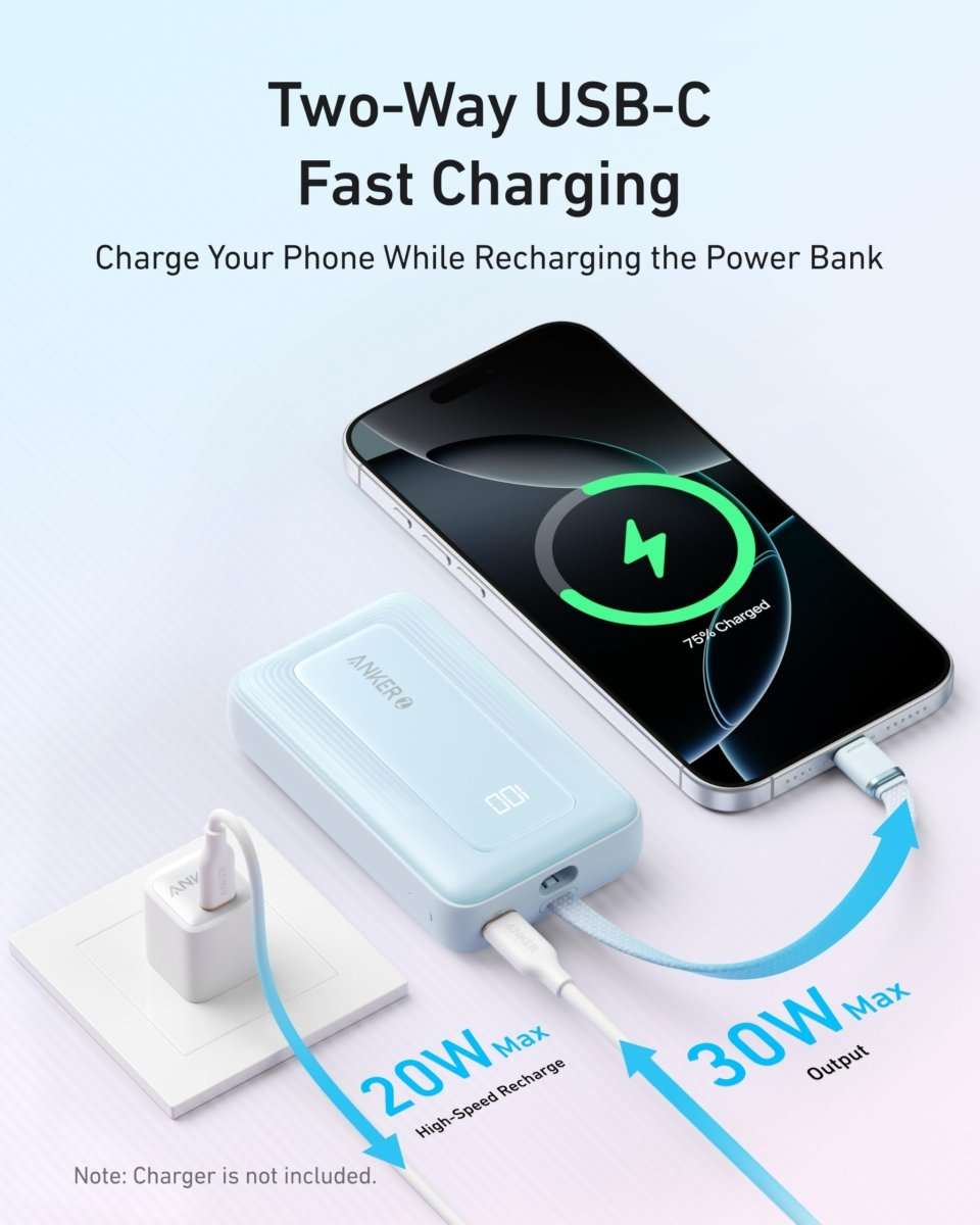 Two-way USB-C power bank with built-in cable, light blue and black for charging