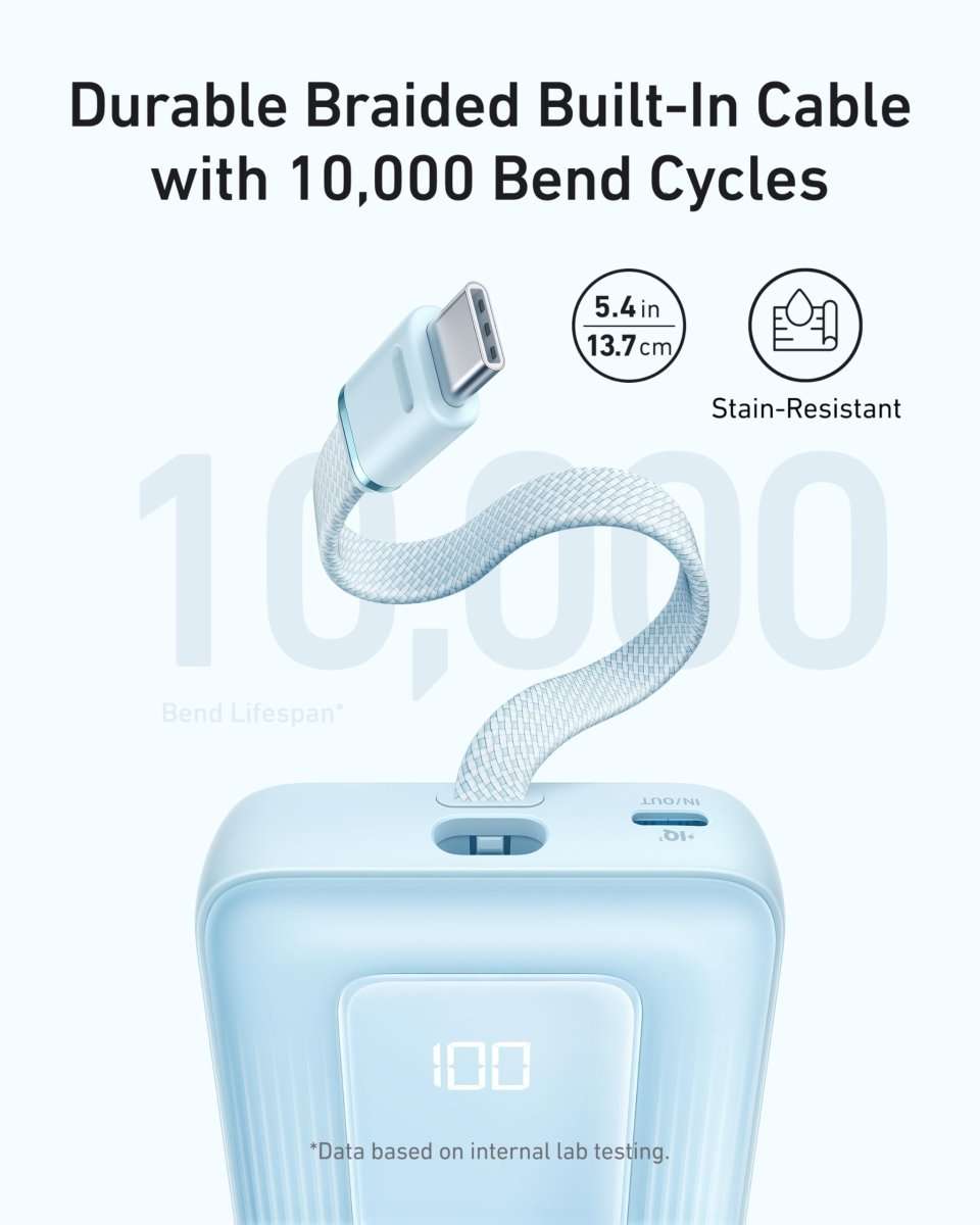 Light blue portable power bank with braided built-in USB-C cable